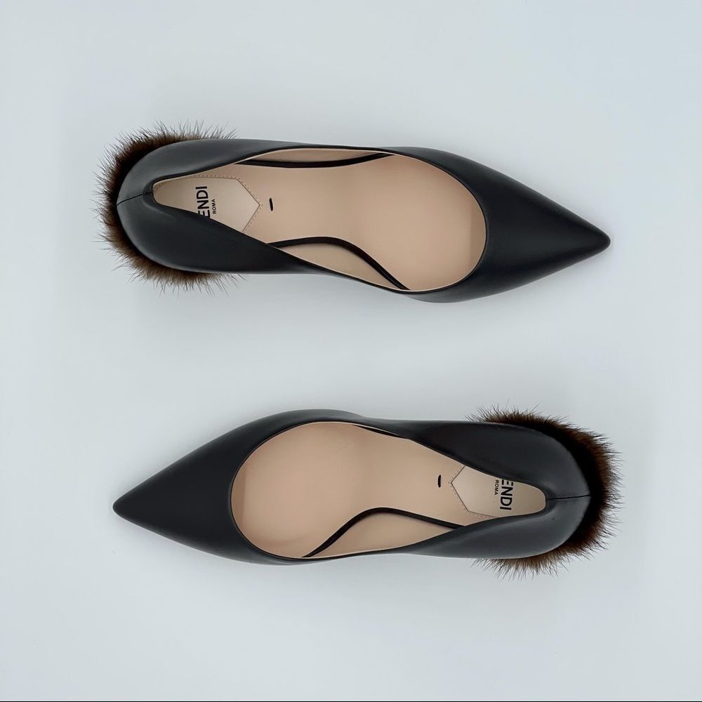 Fendi Closed Toe Heels Black Leather Pumps w/ Brown Mink Fur Size 39.5 NWT - Picture 10 of 15